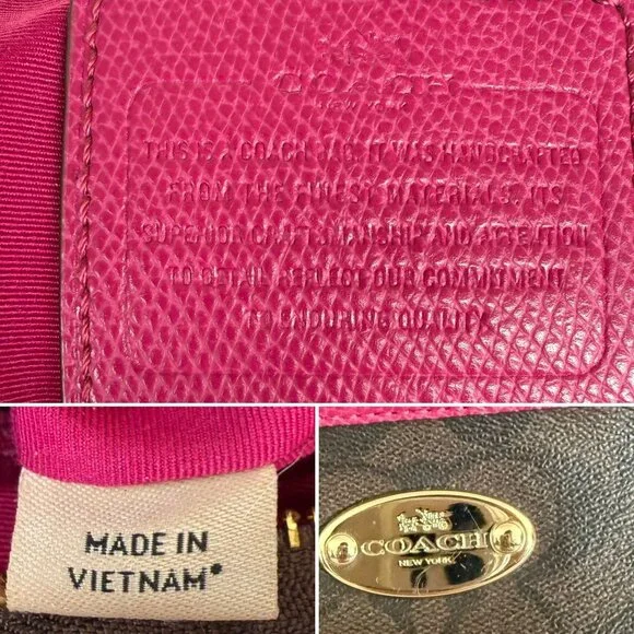 Coach Signature Crossbody File Bag Brown Black Cranberry Pink Leather Trim Gold